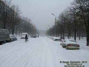 Фото Киева. Последствия метели 23 марта 2013 года. Улица академика Курчатова засыпана снегом.