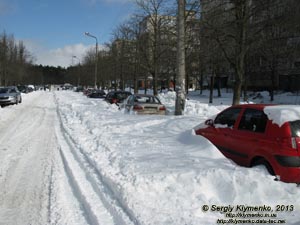 Фото Киева. Последствия метели 25 марта 2013 года. Улица академика Курчатова засыпана снегом.