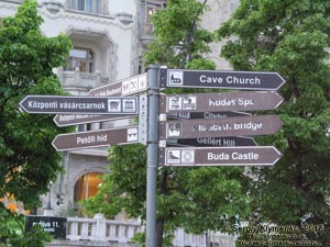 Будапешт (Budapest), Венгрия (Magyarország). Фото. Буда, угол Kelenhegyi utca и Szent Gellért rakpart. Указатели достопримечательностей Буды.