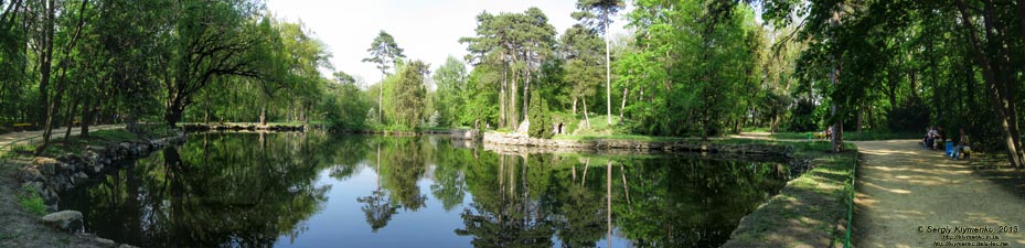 Херсонская область. Аскания-Нова. Фото. В дендропарке. Озеро, сосны и грот на берегу озера. Панорама ~150°.