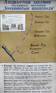 Черновицкая область, Вижницкий район. Село Ростоки. Фото. Информационная табличка с описанием «Буковинских водопадов» (48°10'39"N, 25°07'54"E).