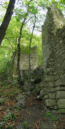 Крым. Мангуп-Кале. Балка Табана-дере (Балка Кожевников), оборонительная стена в районе Северного пещерного монастыря.