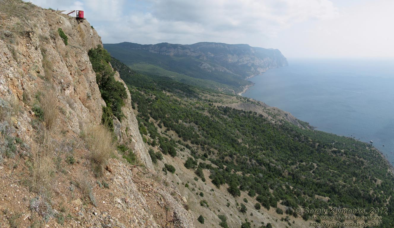 Крым. Фото. Форт «Южная Балаклава» (панорама ~120°). Море, побережье с мысом Айя, гора Аскети (гора Спилия) и «Бочка смерти» над обрывом.