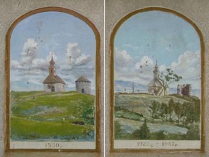 Закарпатская область, посёлок Королёво. Фото. Часовенка Пресвятой Девы Марии на замковой горе. Изображение состояния часовни и килеобразной башни в 1530 году и в 1922-1947 годах.