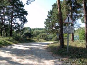 Коростышевский район (Житомирская область). Фото. Знак «Внимание! Переливной мост» через речку Тетерев (50°22'28"N, 29°10'04"E).