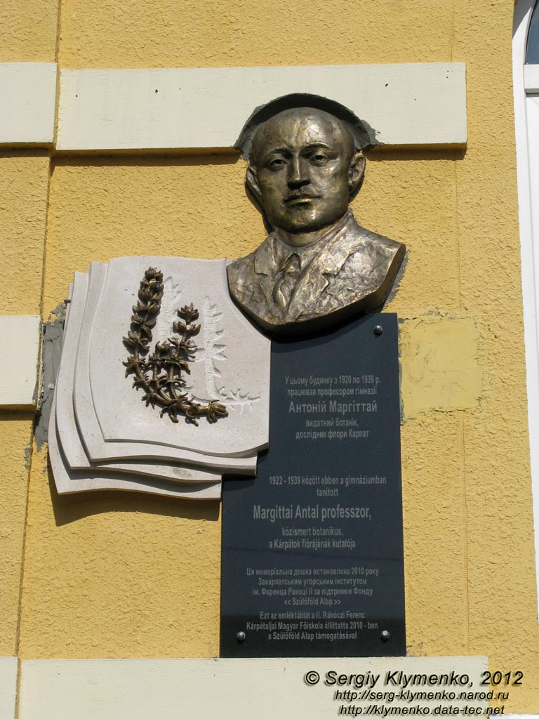 Закарпатская область. Мукачево. Фото. Мемориальная доска Антонию Маргиттай на здании школы № 1 им. А. С. Пушкина.