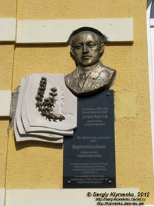 Закарпатская область. Мукачево. Фото. Мемориальная доска Антонию Маргиттай на здании школы № 1 им. А. С. Пушкина.