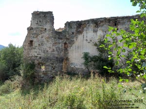 Ивано-Франковская область, Пнёв. Фото. Пнёвский замок, восточная угловая башня, вид снаружи северо-восточной стены (48°37'22.30"N, 24°33'20.40"E).