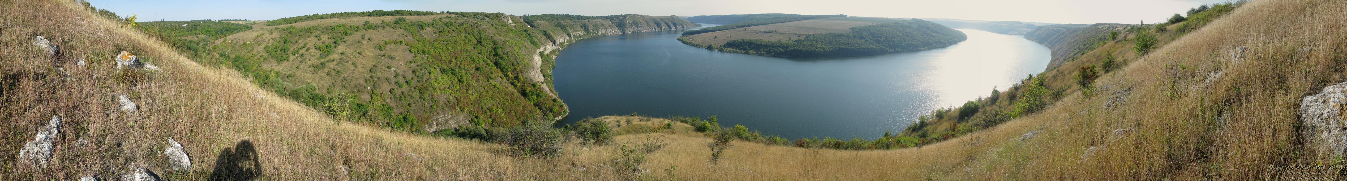 Подолье, Хмельницкая область. Фото. Панорама (~270°) Днестровского каньона возле села Демшин (Каменец-Подольского района Хмельницкой области). Вид с левого берега Днестра.