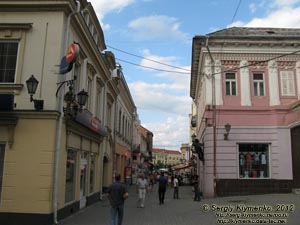 Ужгород. Фото. Угол улиц Волошина и Корзо: памятник фонарщику на стене дома.